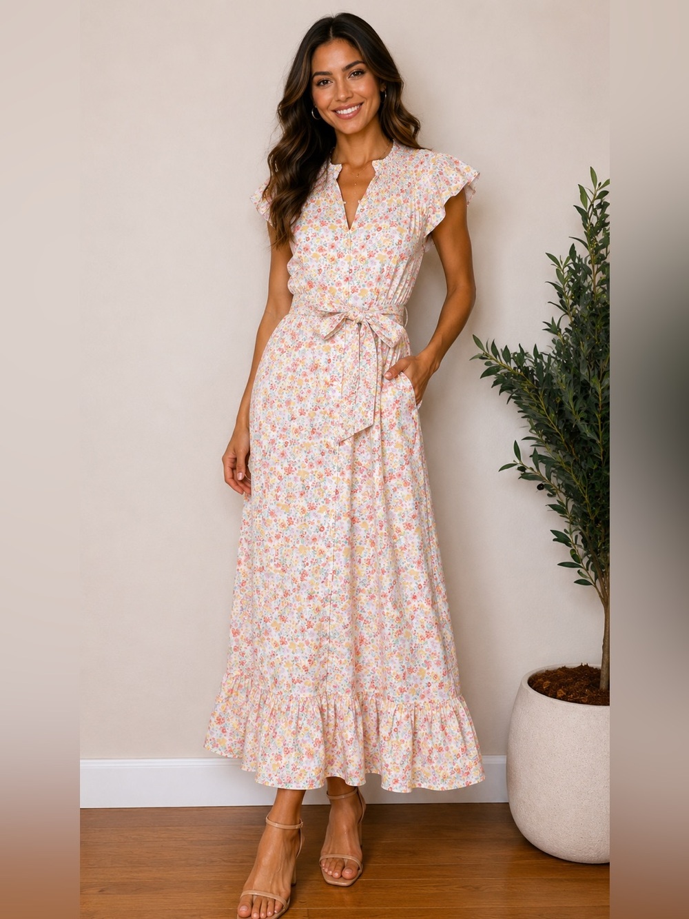 Sun House Children Floral‎ Prairie Midi Dress Cottagecore Smocked Cotton Dress S